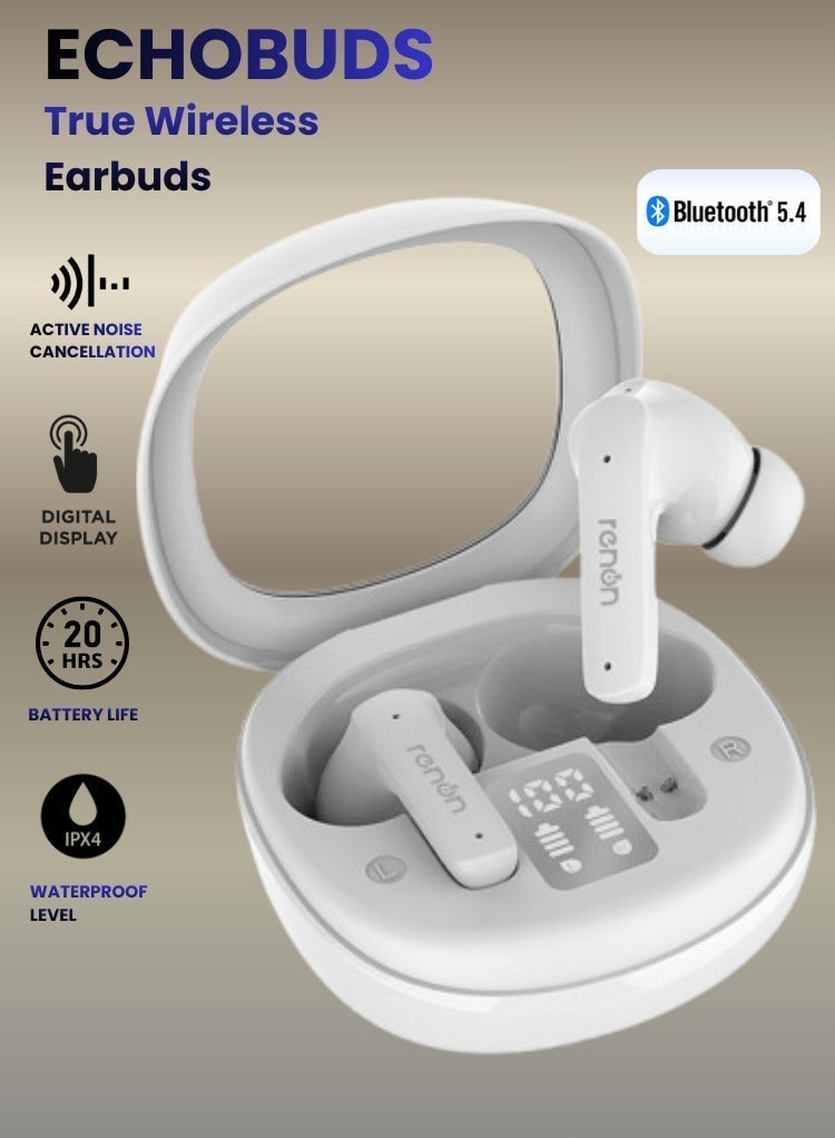 EchoBuds Bluetooth Headphones 5.4 Wireless Earbud with Active Noise Cancelling (ANC), 20 Hours Battery Life, IPX4 Waterproof, HD Audio, Fast Charging, True Wireless In-Ear Headphones White